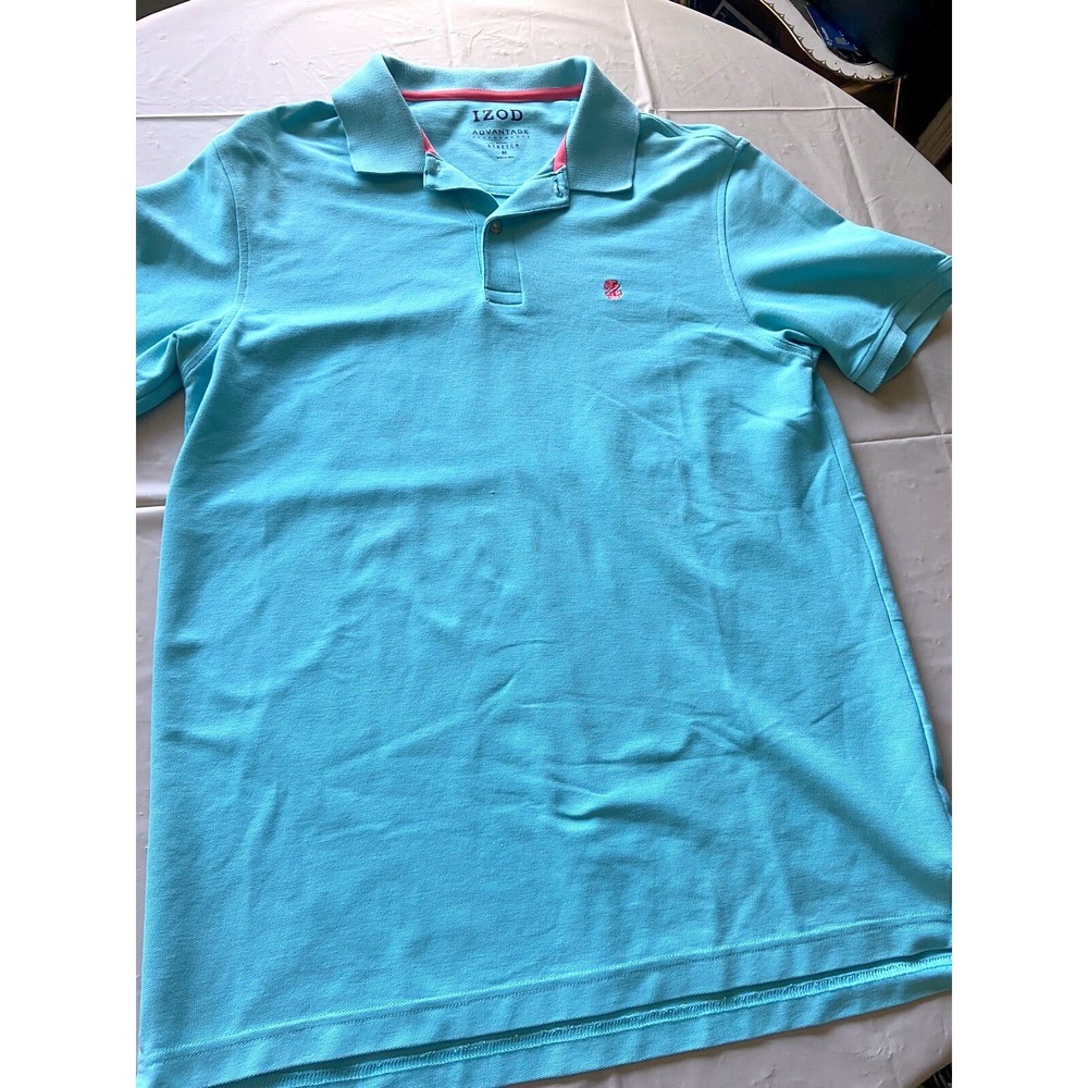 IZOD Advantage Performance Polo Shirt Mens Medium Turquoise Blue Pink Trim